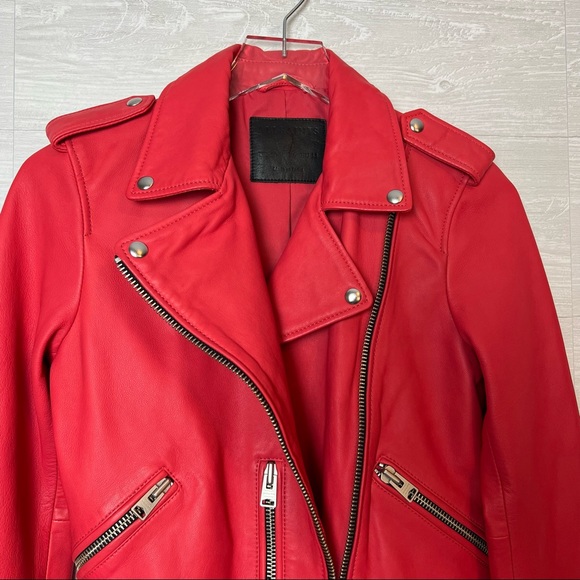 AllSaints Balfern Belted Coral Red Leather Biker Jacket Size 6 - Picture 6 of 16